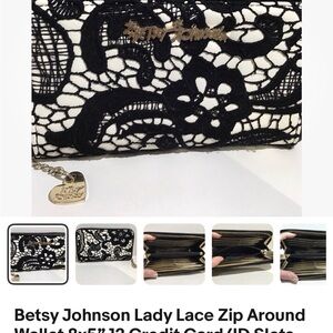 Betsey Johnson Black and White Lace Zip Around Wallet with Gold Accents